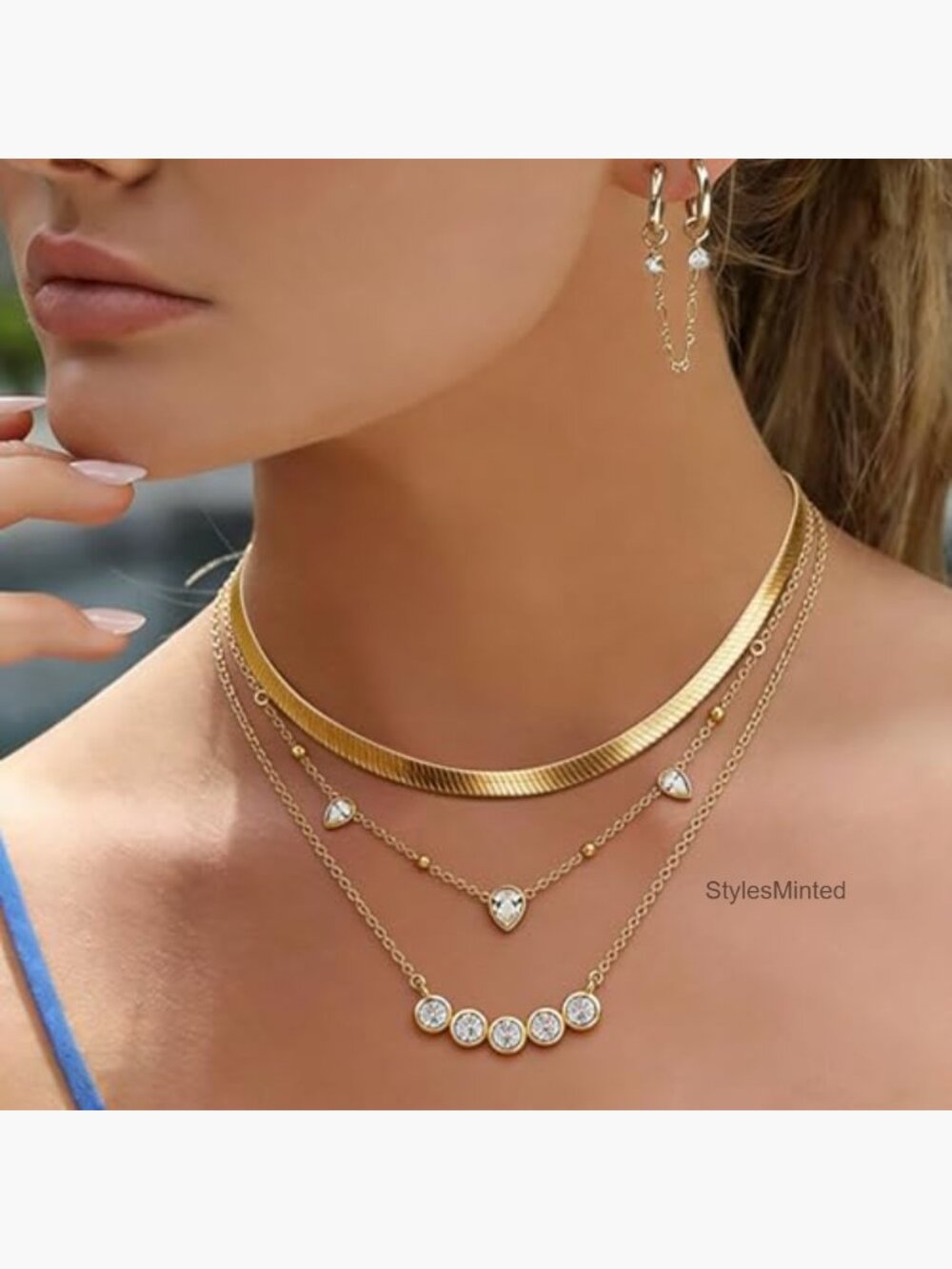 Layered Gold Necklace Set - Stacking Choker, Teardrop Station Chain, Pendant, - Picture 3 of 7
